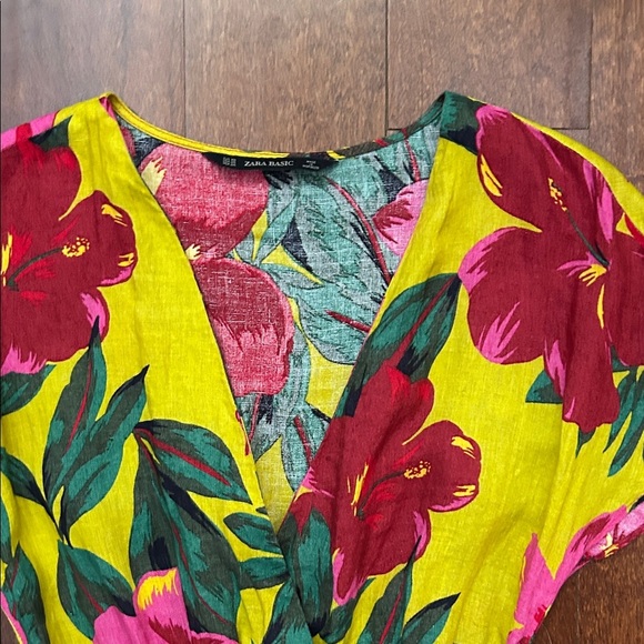 Zara Vibrant Chartreuse Hibiscus Floral Linen Mini Dress, Size XS - Picture 6 of 16